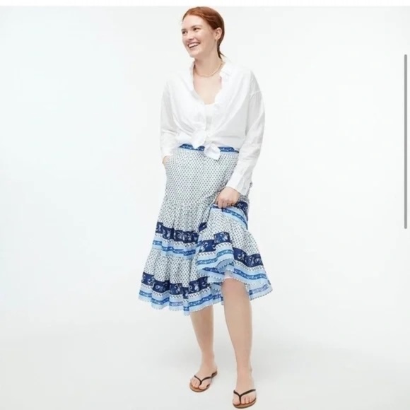 J.CREW Blue & White Block Print Lined Tiered Floral Midi Skirt Size Small - Picture 2 of 8